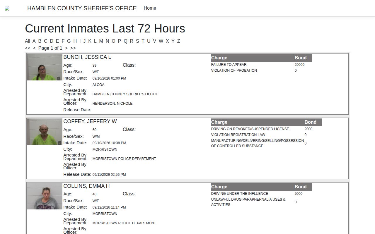 Hamblen County weekly arrest log rolling 72-hour view